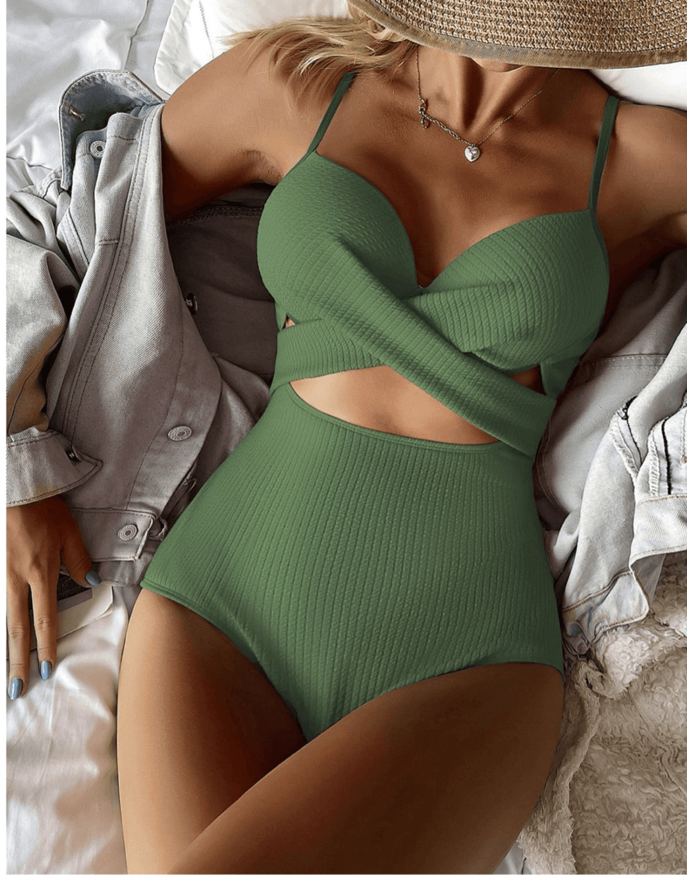 Cut out Wrap army green one piece swimsuit Size Small